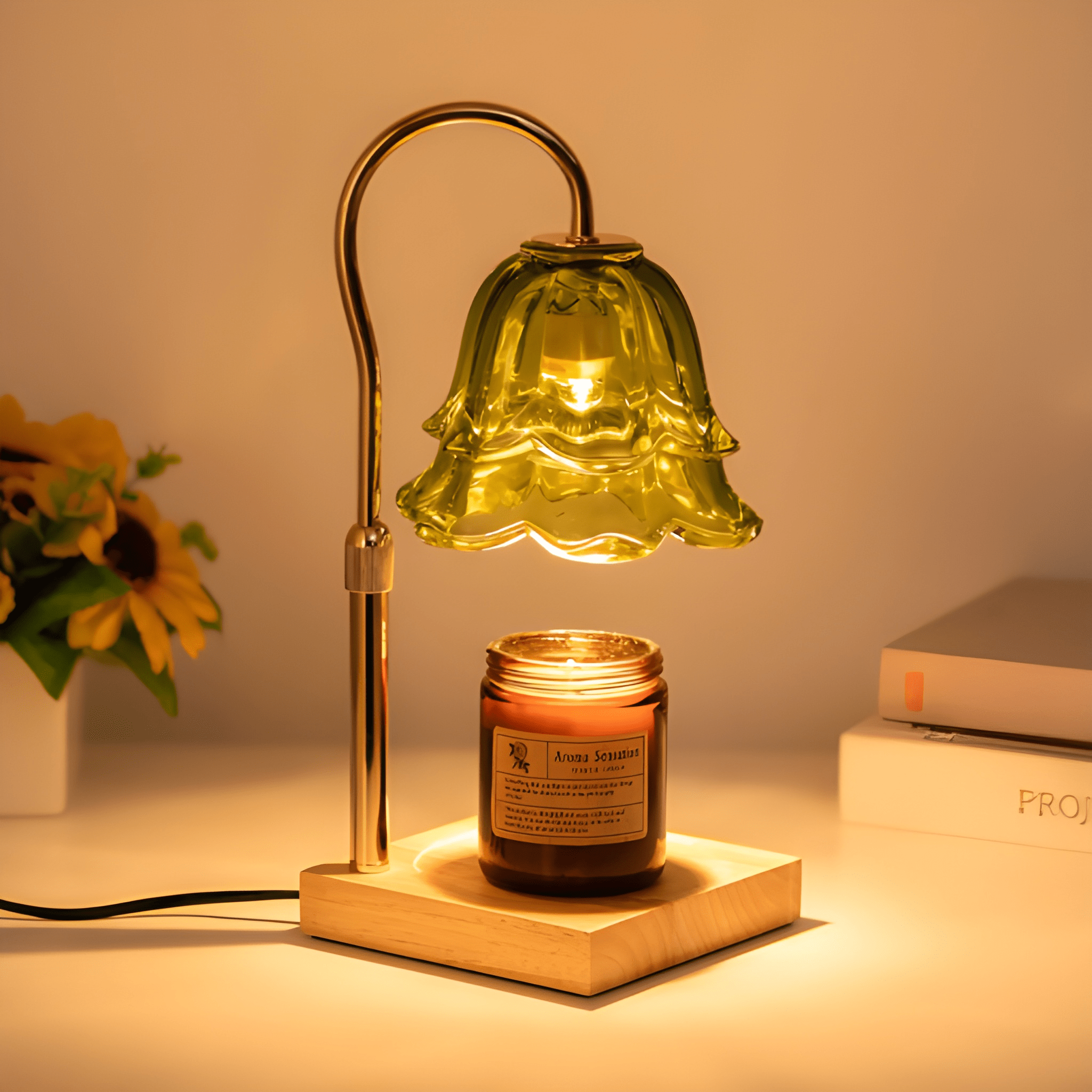Floral Candle Warmer Table Lamp Electric Glass Shade with Wooden Base Adjustable Brightness and Timer 4