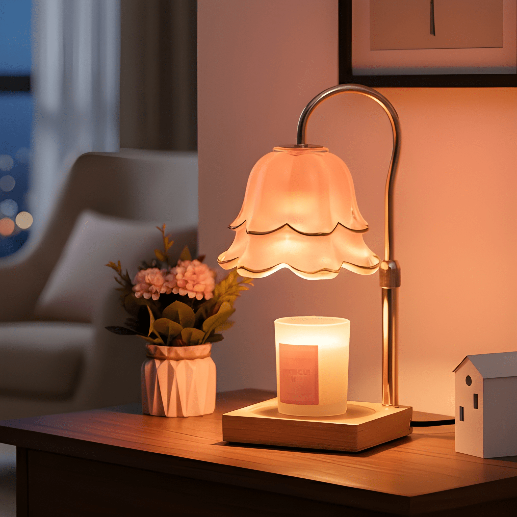 Floral Candle Warmer Table Lamp Electric Glass Shade with Wooden Base Adjustable Brightness and Timer 5