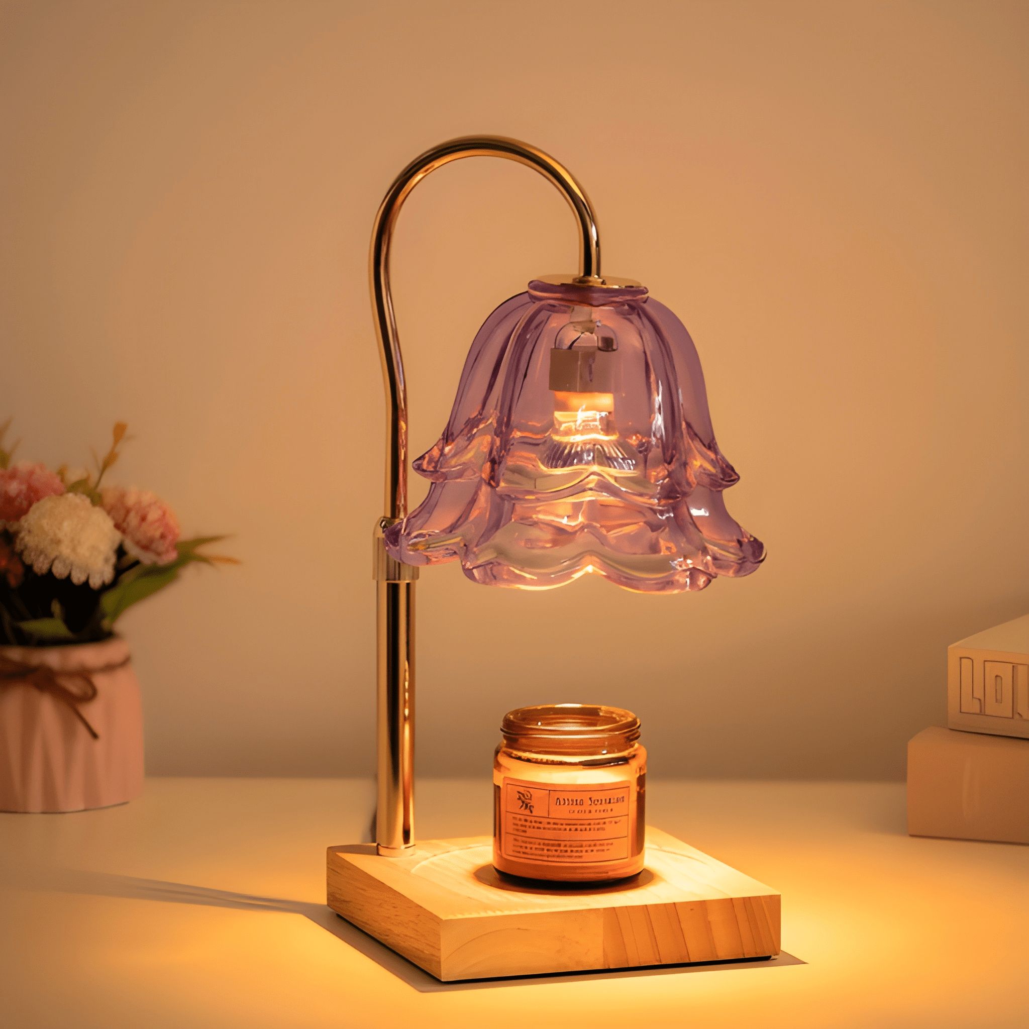 Floral Candle Warmer Table Lamp Electric Glass Shade with Wooden Base Adjustable Brightness and Timer 7