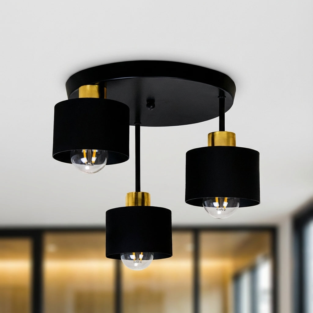 Flush Mount Ceiling Light - Modern Black Gold Design with 3 E27 Points 1