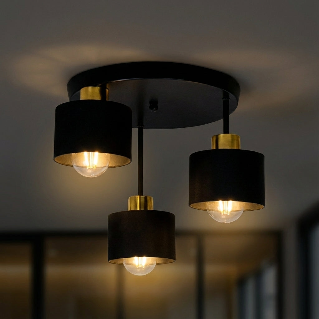 Flush Mount Ceiling Light - Modern Black Gold Design with 3 E27 Points 2