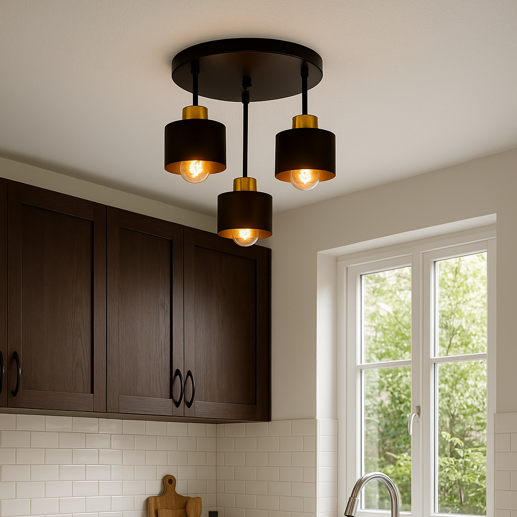 Flush Mount Ceiling Light - Modern Black Gold Design with 3 E27 Points 5