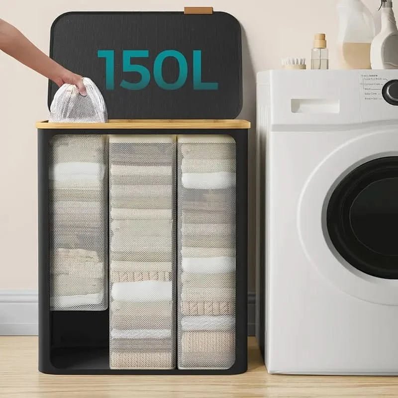 Foldable Laundry Basket with 3 Compartments, 150L Capacity – Collapsible Hamper in Gray-Beige for Organized Sorting 2