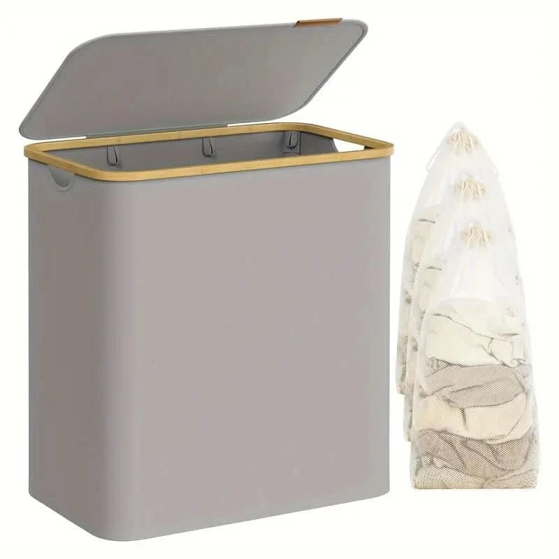 Foldable Laundry Basket with 3 Compartments, 150L Capacity – Collapsible Hamper in Gray-Beige for Organized Sorting 5