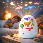 Child sleeping with a dinosaur-themed night light on a table