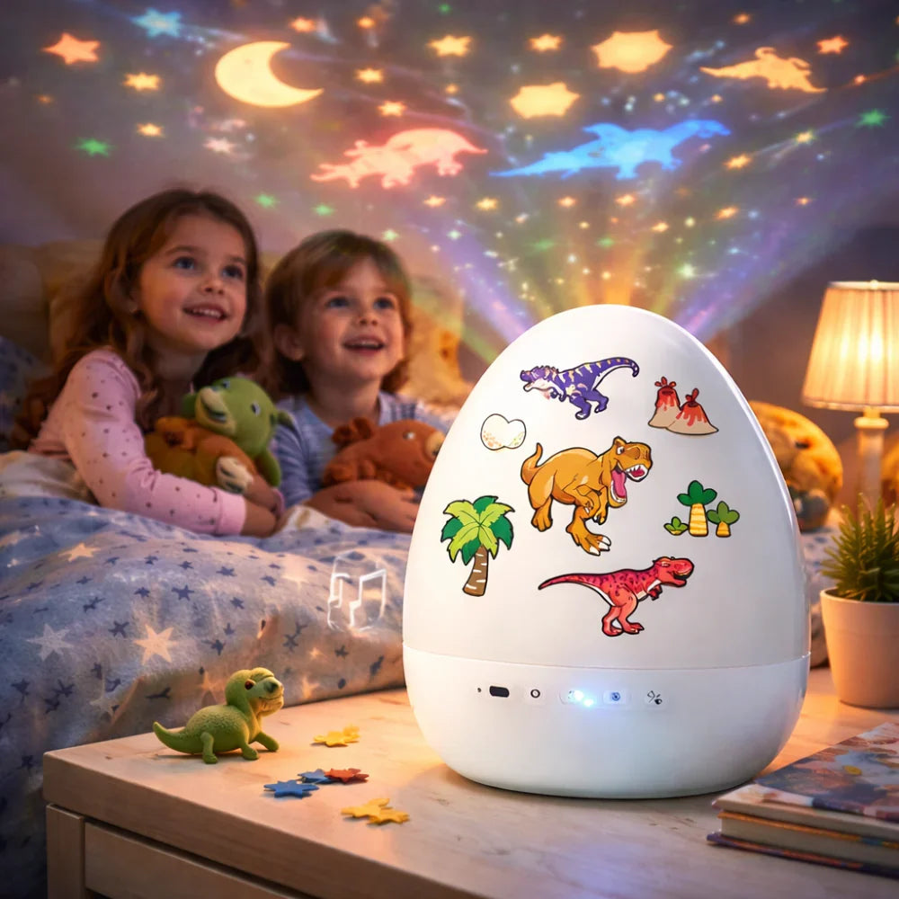 Children in bed with a dinosaur-themed night light projector casting colorful patterns on the wall.