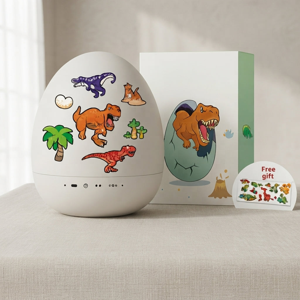 A white egg-shaped decorative lamp or diffuser decorated with colorful dinosaur illustrations, shown next to its white gift box featuring a dinosaur hatching graphic and a small 'Free gift' card, all set on a beige fabric surface.