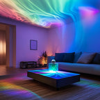Modern living room with colorful light projections on the ceiling and floor.