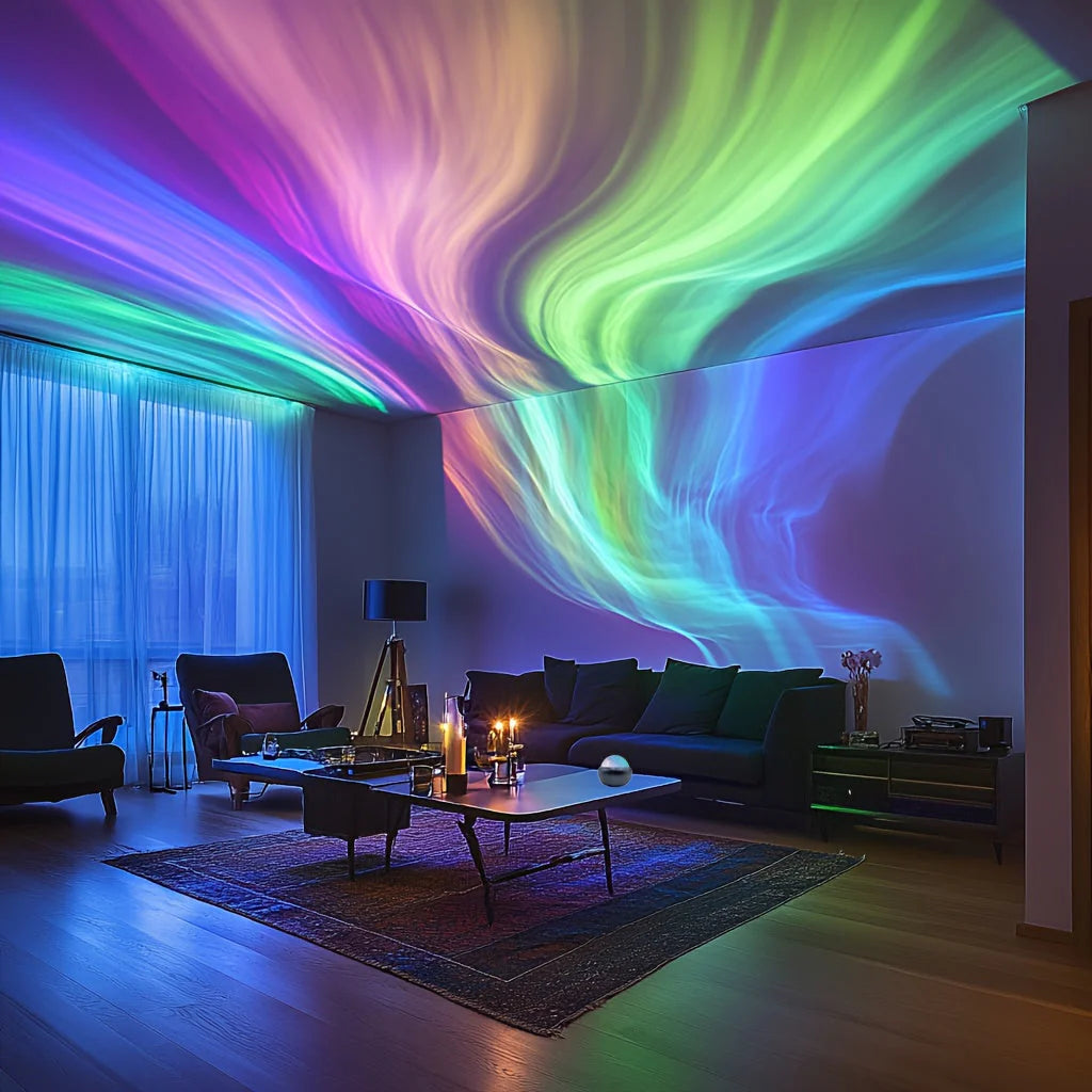 Living room with colorful ceiling projection and modern decor