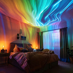 Colorful ceiling lights in a bedroom with a bed and decor.