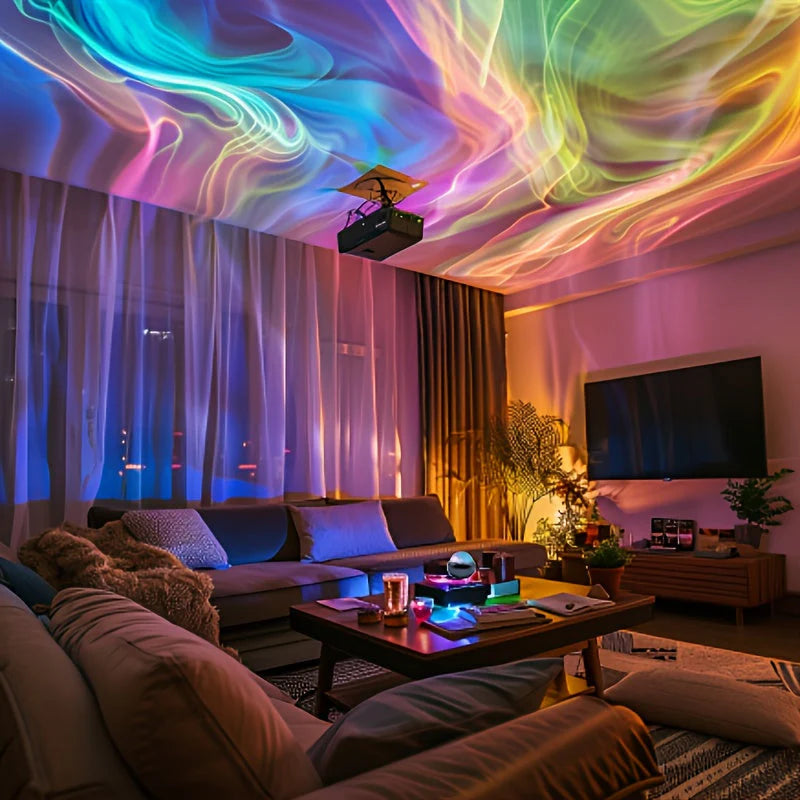 Living room with colorful ceiling projection, couch, and coffee table.