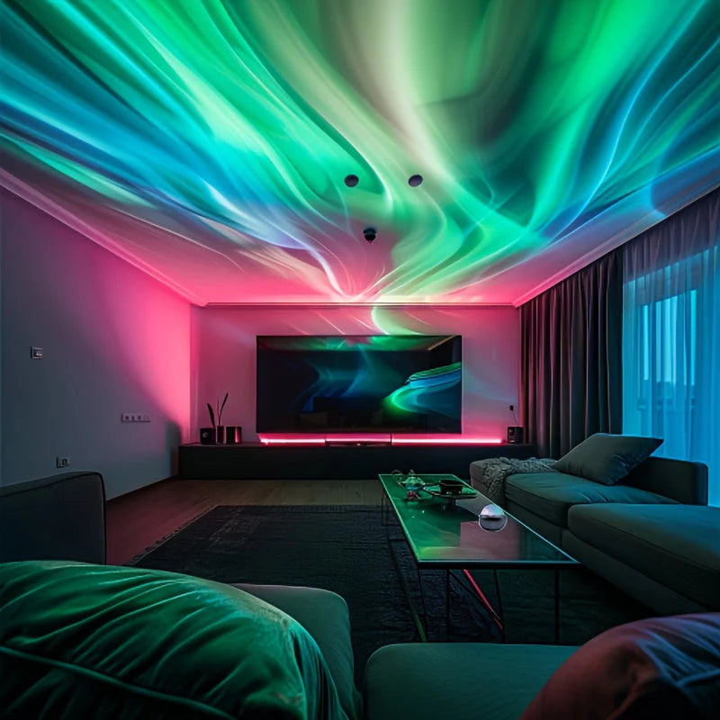 Modern living room with colorful LED lights on the ceiling, a TV, and furniture.