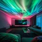Modern living room with colorful LED lights on the ceiling, a TV, and furniture.
