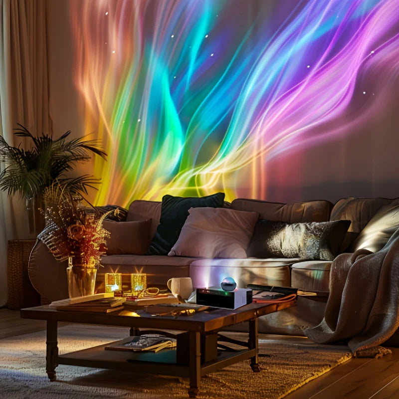 Living room with a colorful nebula projected onto the wall, creating a futuristic and cozy atmosphere.