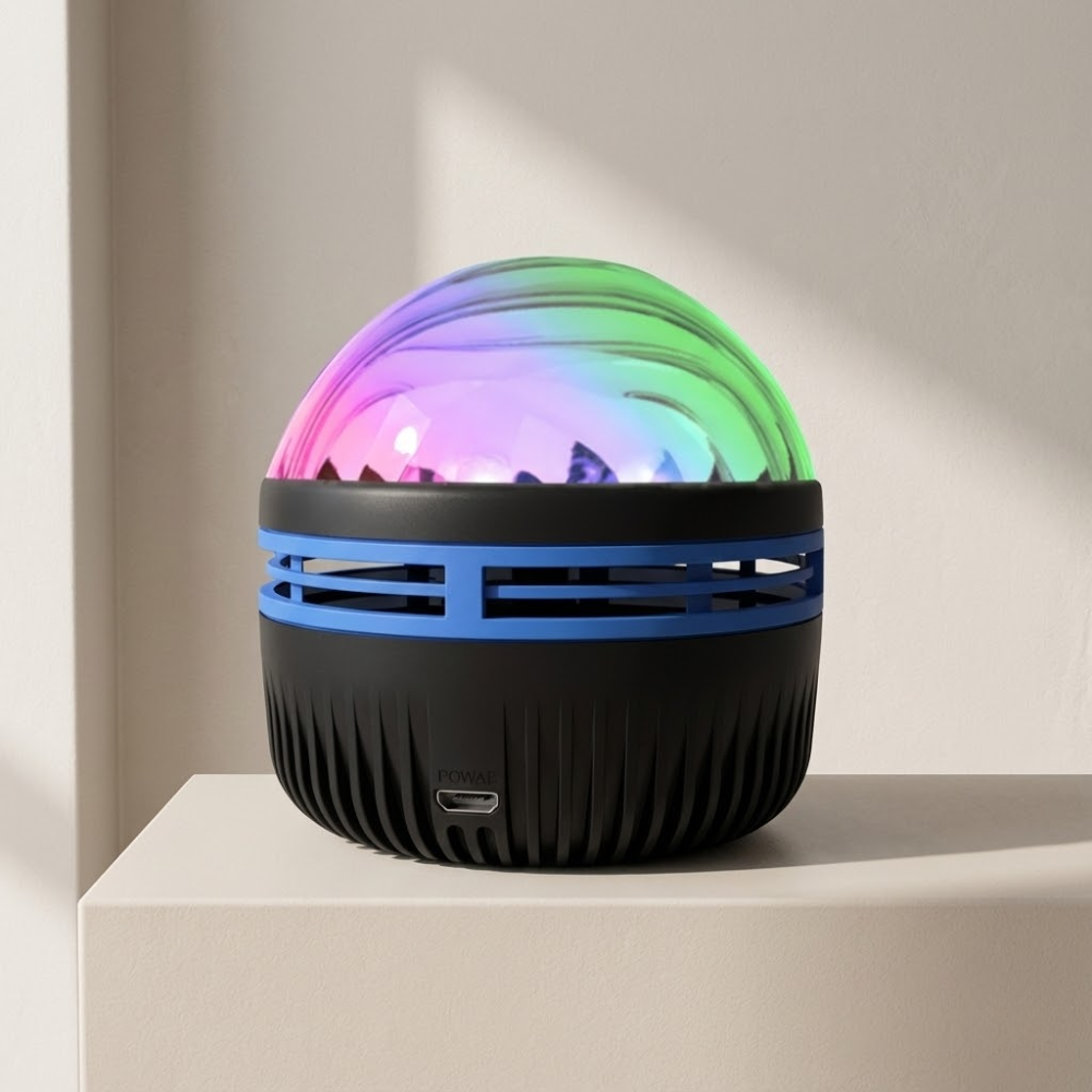 Colorful spherical light on a white surface with a neutral background