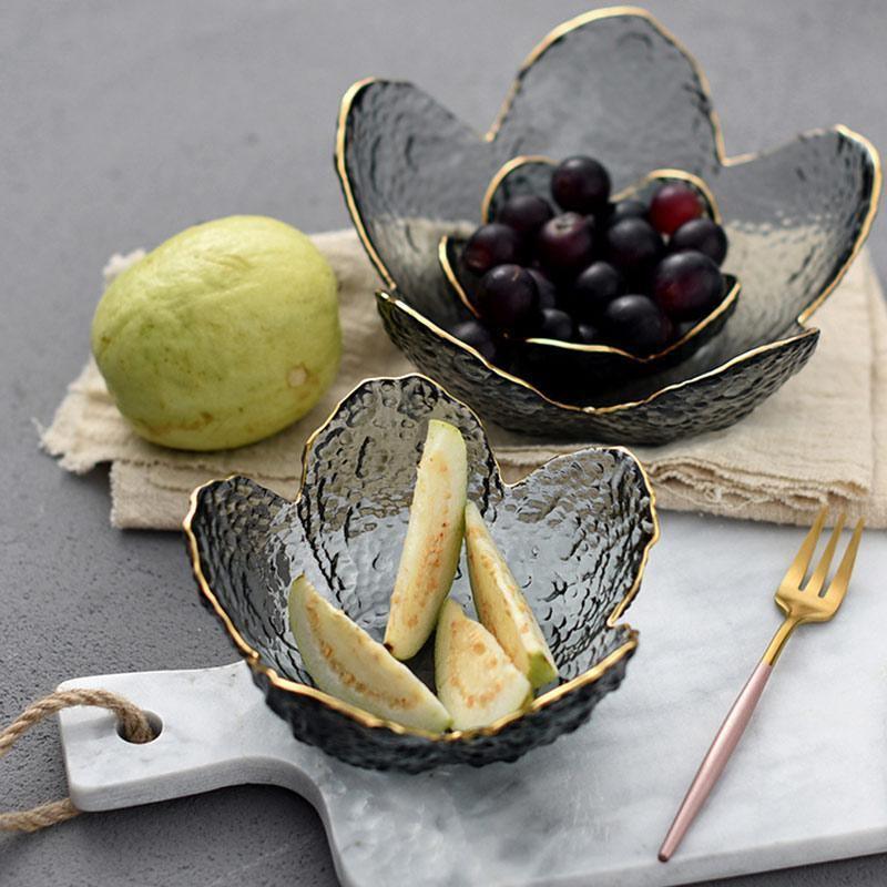 Glass Flower Petal Bowls Textured Glass Golden Rim Frosted 10