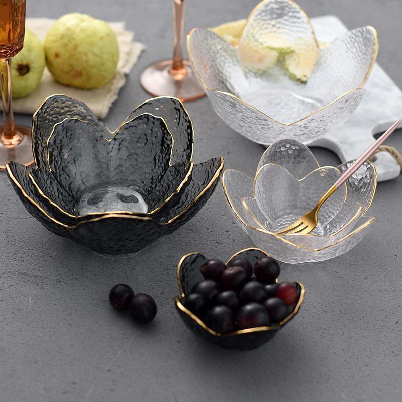 Glass Flower Petal Bowls Textured Glass Golden Rim Frosted 9