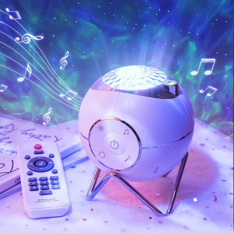 Decorative light with remote control on a colorful background with musical notes.