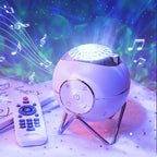 Decorative light with remote control on a colorful background with musical notes.