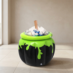 A pumpkin-shaped inflatable cooler bucket in black and neon green, filled with ice, beverage cans, and a wooden stick, set on a tiled floor against a beige wall.