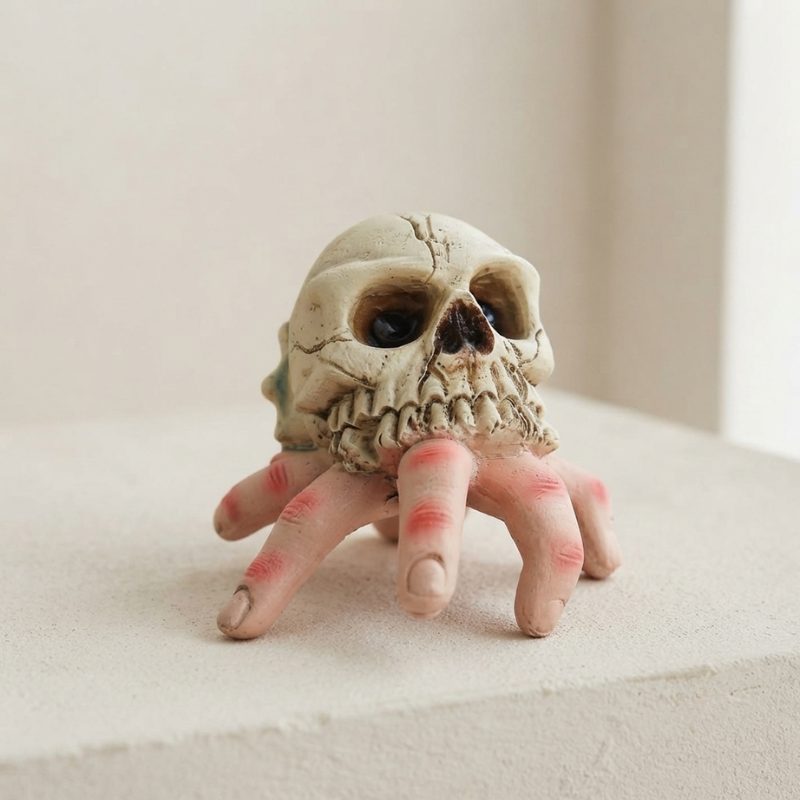 A small decorative skull with four human fingers emerging from the front, styled like a creepy skull hand or Halloween prop, photographed on a light neutral surface.