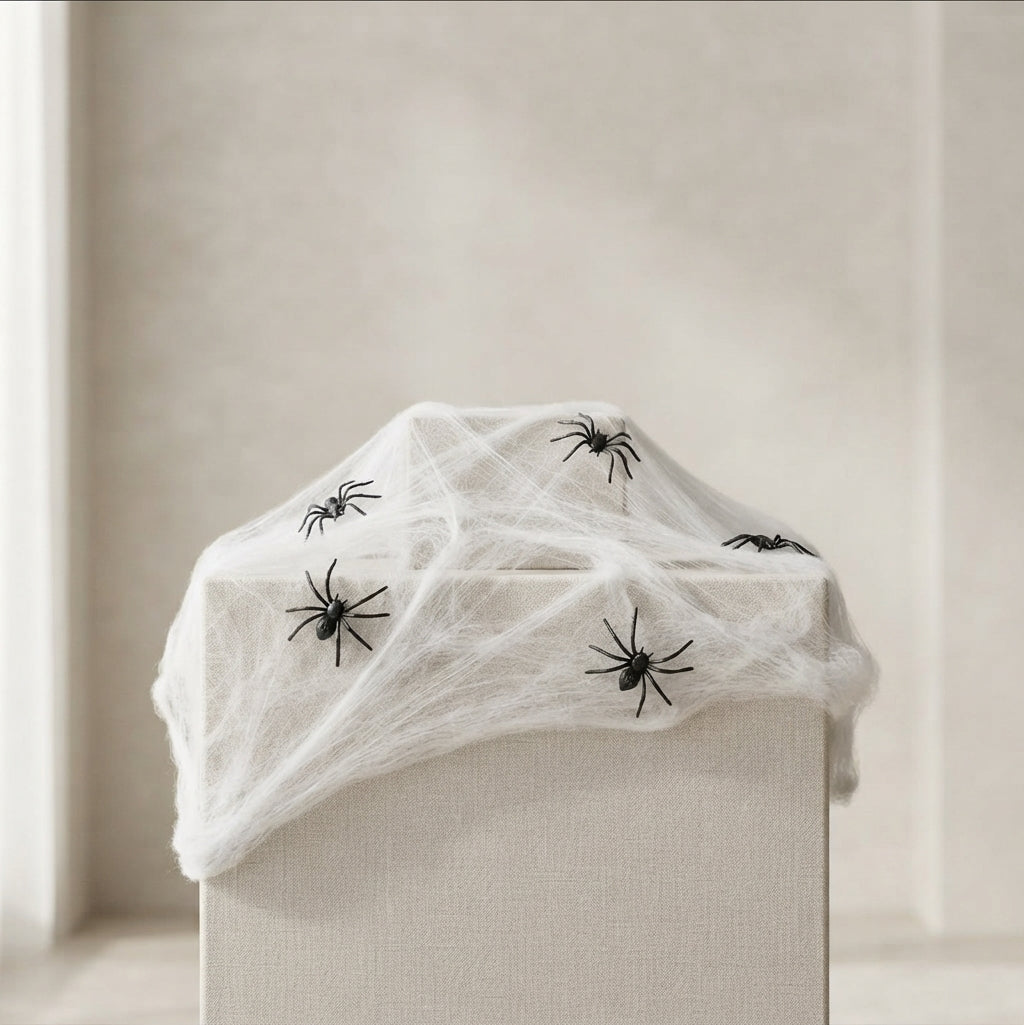 White faux spiderweb draped over a box, decorated with several black plastic spiders, set against a neutral beige background.