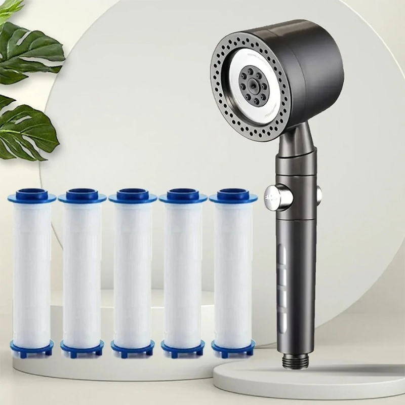 Handheld shower head with six replacement filters on a white background