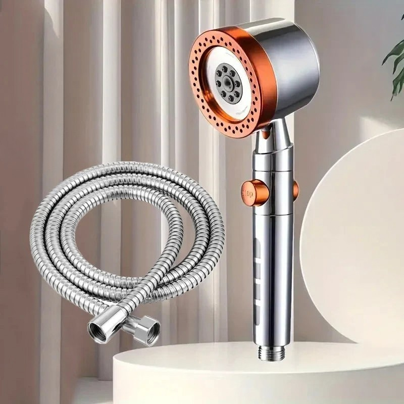 Shower head with flexible hose on a neutral background