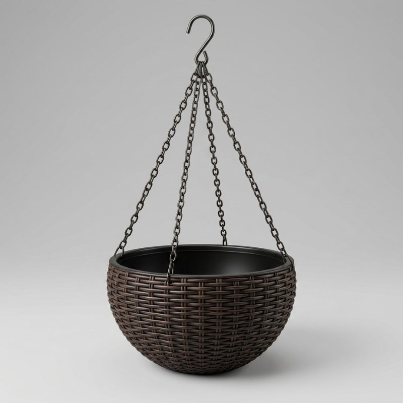 Black hanging planter with wicker design on a gray background