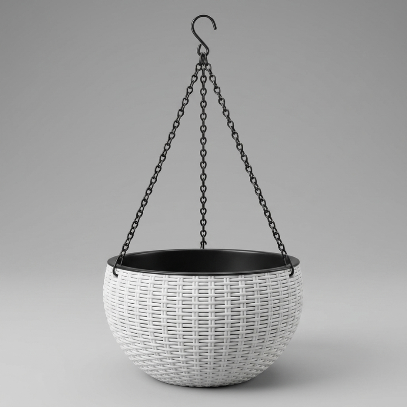 White woven hanging planter with black chain on a gray background