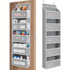 Gray hanging multi-shelf organizer with various items on a wooden door.