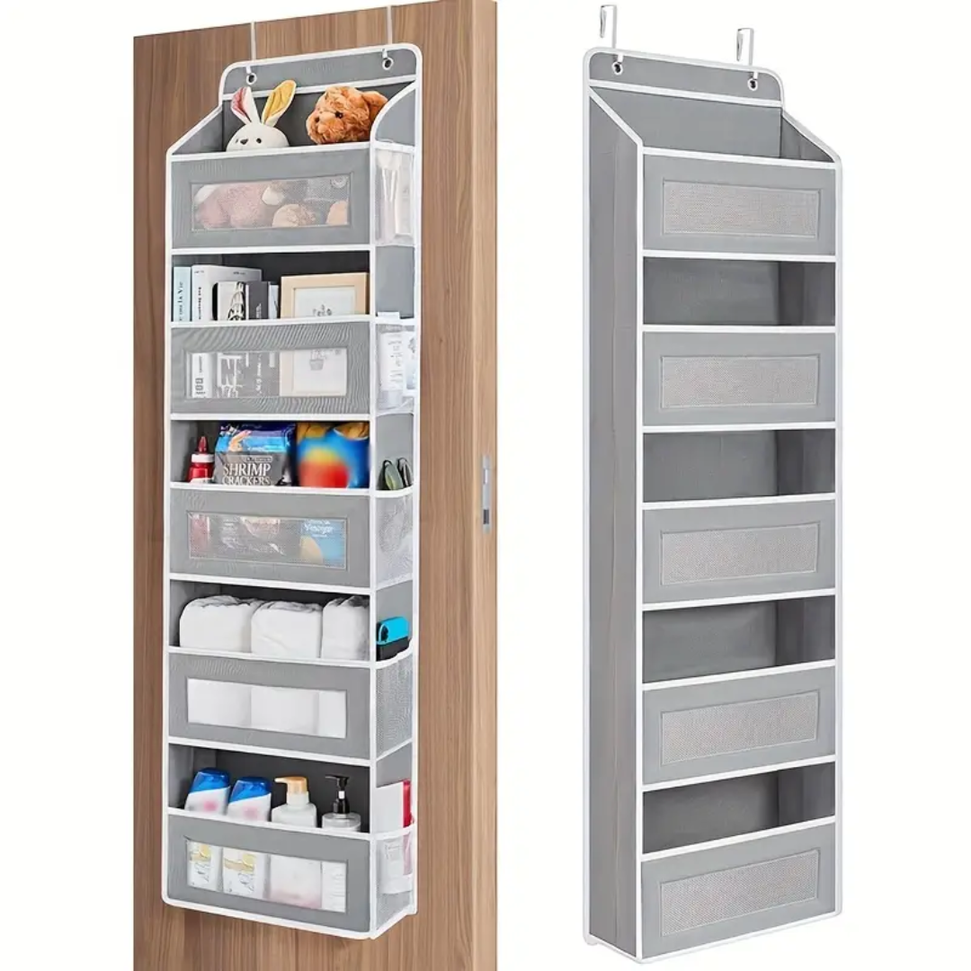 Gray hanging multi-shelf organizer with various items on a wooden door.