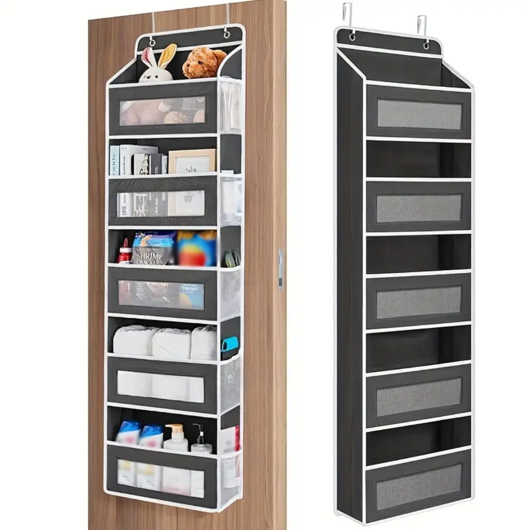 A black and white hanging closet organizer shown in two views: one hanging on a wooden door with various household items stored inside, and one isolated view showing the full organizer structure.