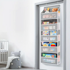 Over-the-door organizer with toys and items in a nursery setting