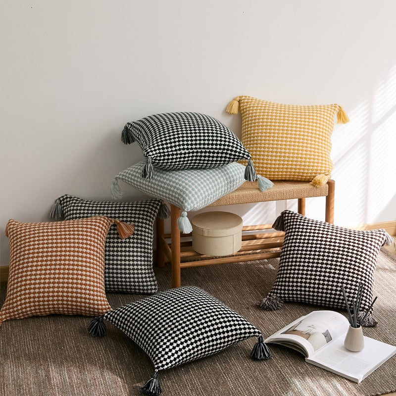 Herringbone Knit Pillow Covers with Tassels – 18x18 Inches, Durable Polyester Blend, 7 Color Options 1