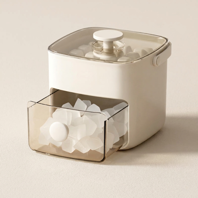 White container with a transparent front section on a beige background