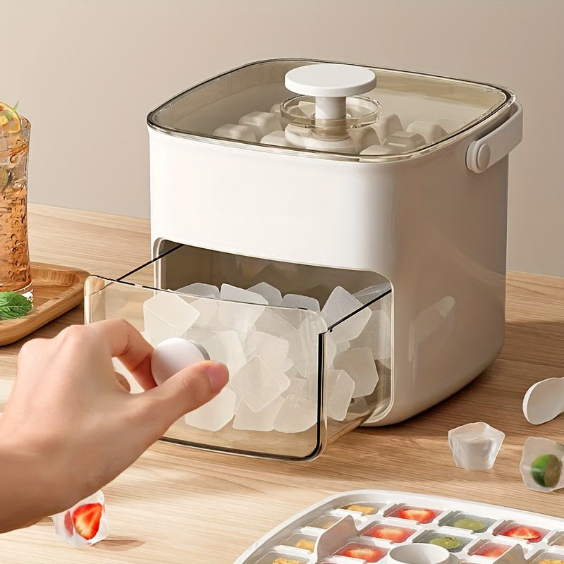 Ice cube tray with a hand pulling out a filled ice cube, placed on a wooden surface.