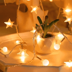 Potted plant with star-shaped fairy lights on a soft focus background