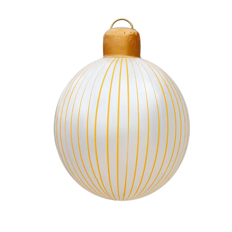 A white Christmas ornament with vertical gold stripes and a gold cap with a hanging loop, shown on a plain white background.