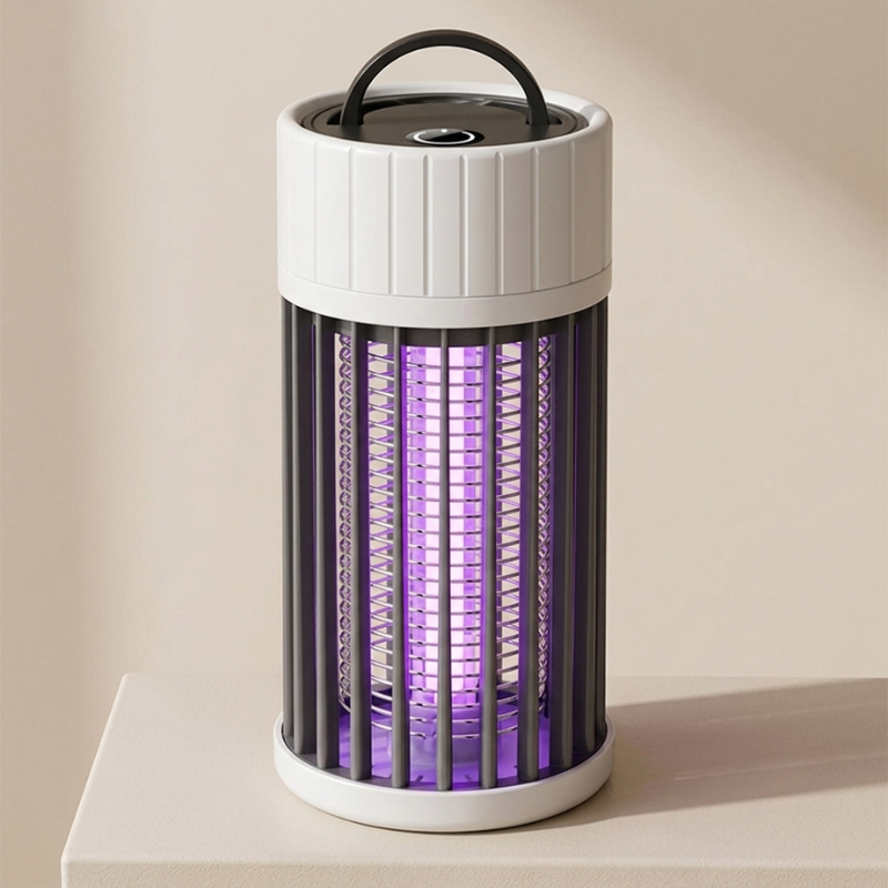 Insect zapper with purple light inside on a beige background