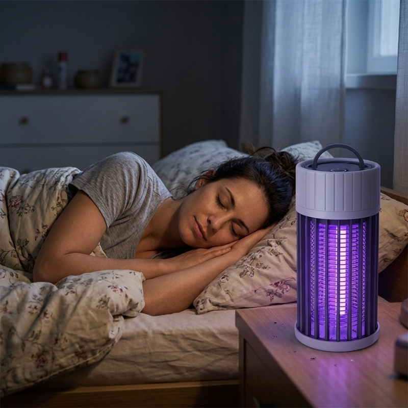 Woman sleeping in bed with a purple light-emitting device on a nightstand.