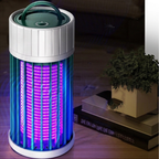Insect zapper with purple light on a wooden surface