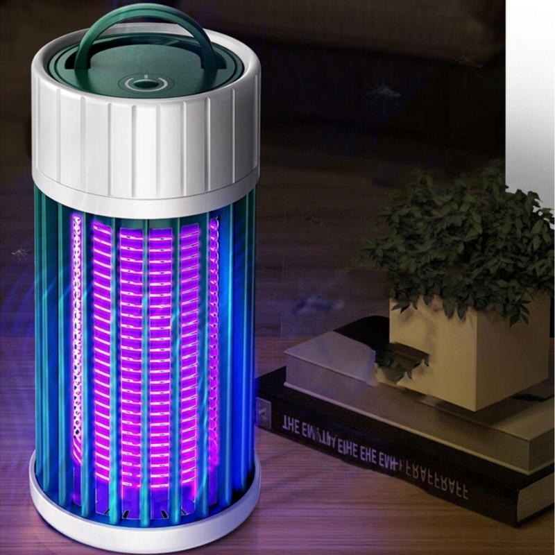 Insect zapper with purple light on a wooden surface