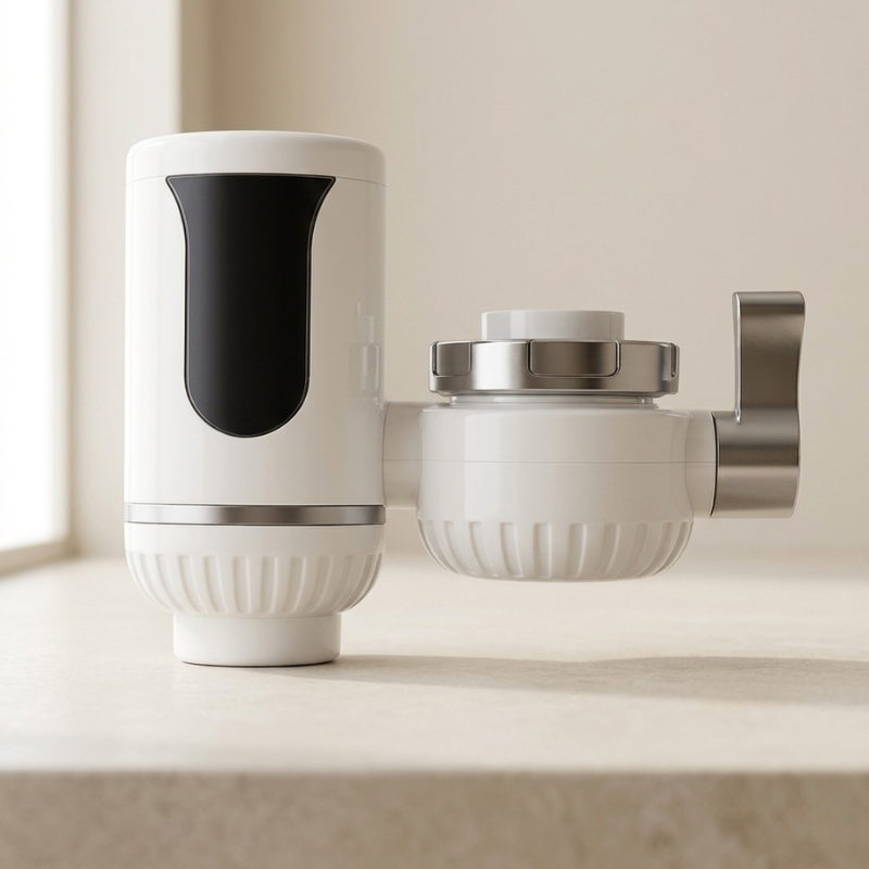 White and silver kitchen appliance on a light wooden surface with a neutral background