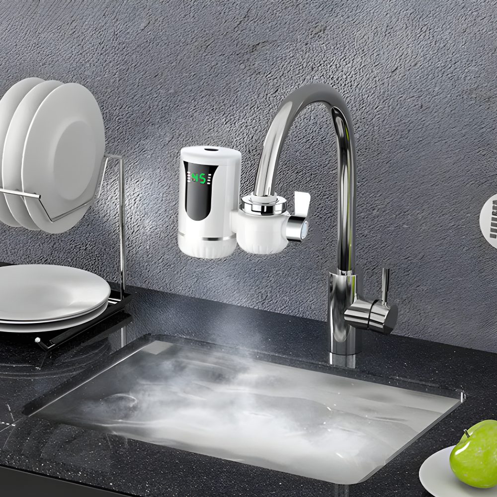 Modern kitchen sink with faucet and water dispenser against a gray wall.