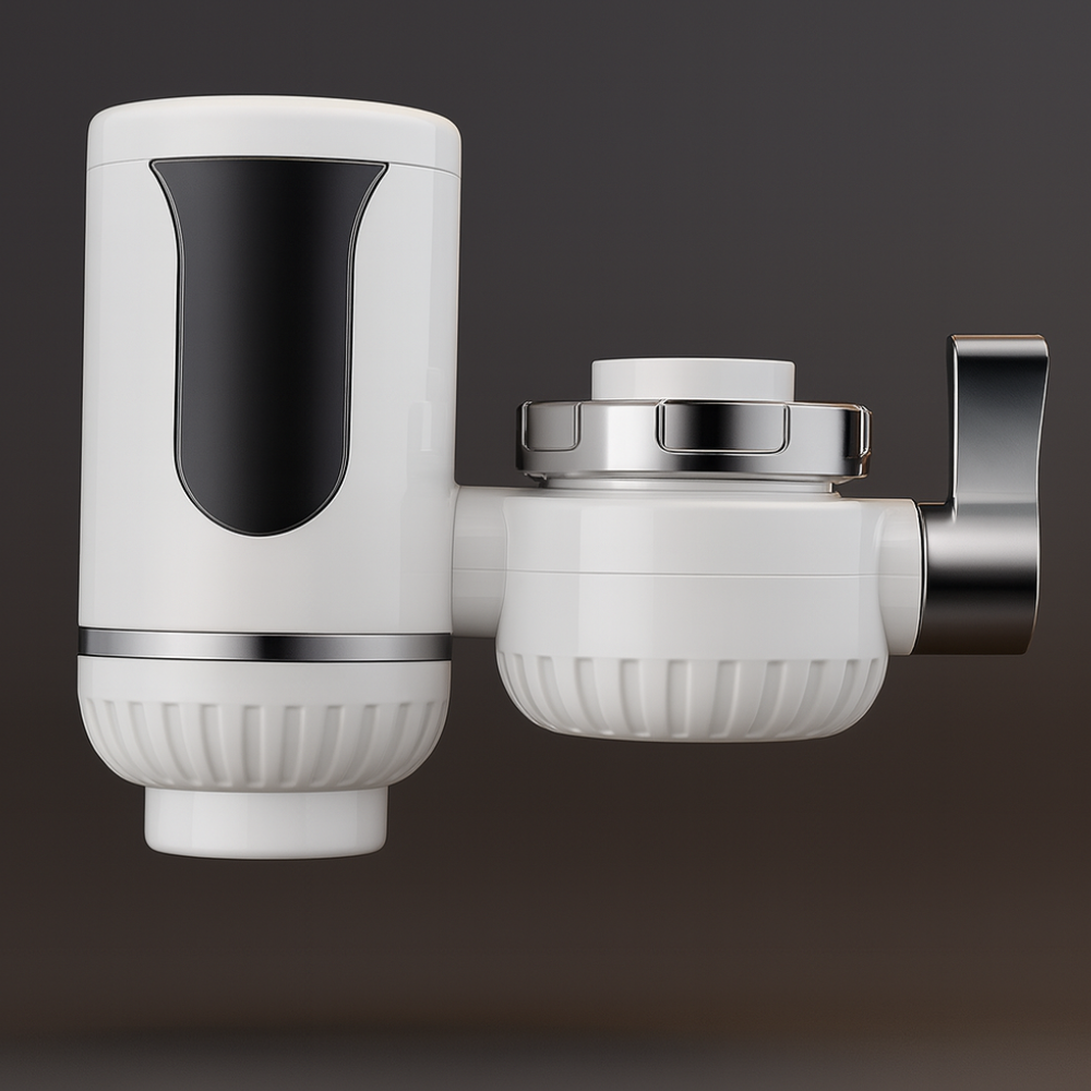 White and silver kitchen faucet attachment on a dark background