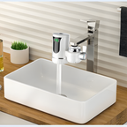 Modern bathroom sink with chrome faucet and digital display, wooden countertop and striped wall.
