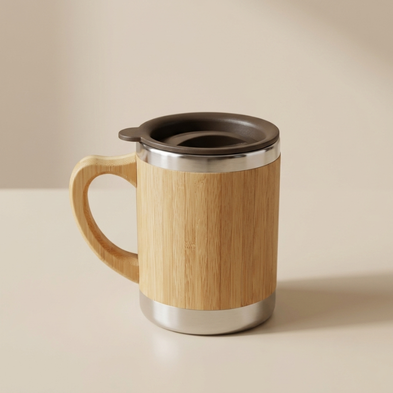 Wooden mug with a metal handle and base on a beige background