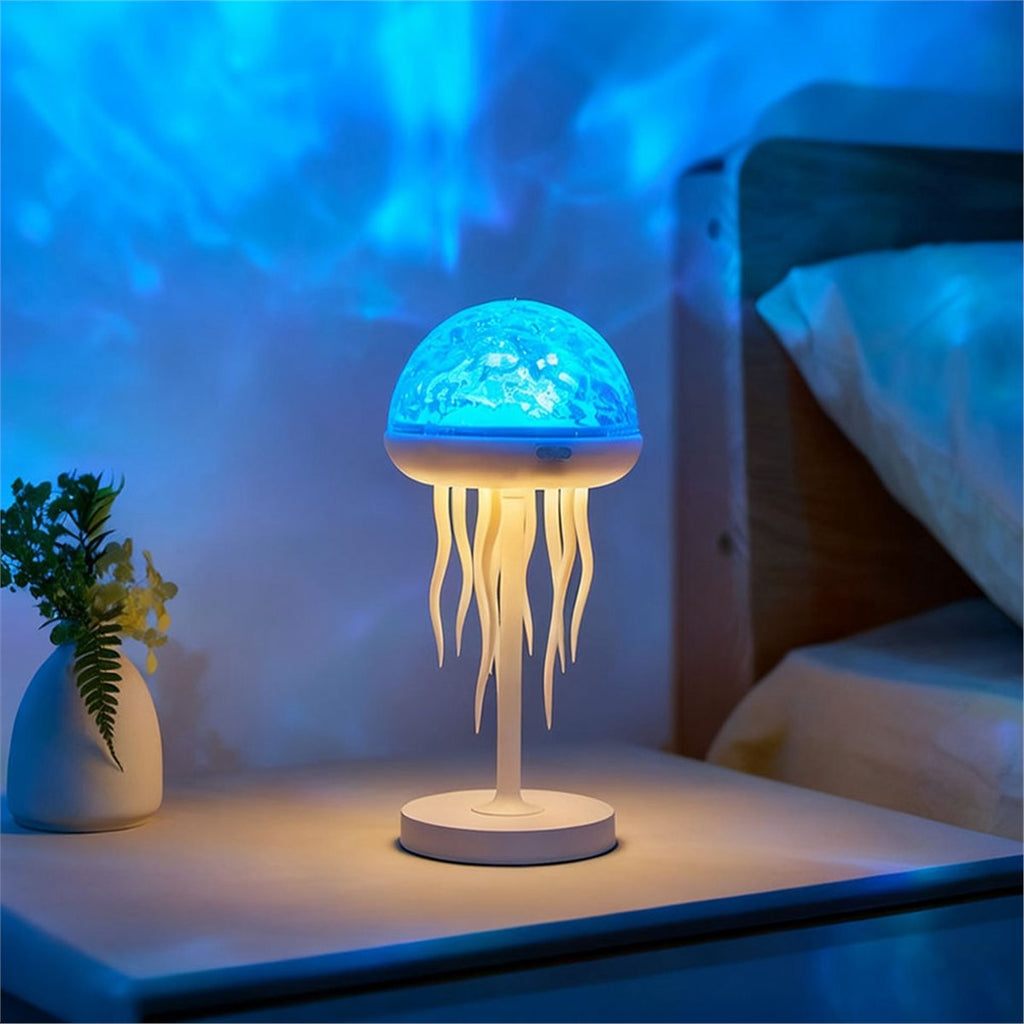 Jellyfish-shaped night light on a bedside table with a blurred bedroom background