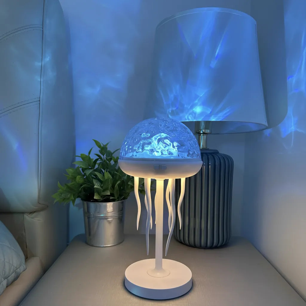 Jellyfish-shaped lamp on a bedside table with a plant and another lamp in the background.